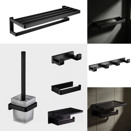 Matt Black 304Stainless Steel 2/4/6 Hook Toilet Brush Holder Toilet Paper Holder Towel Bar Rail Rack Hanger Hook Hardware Set