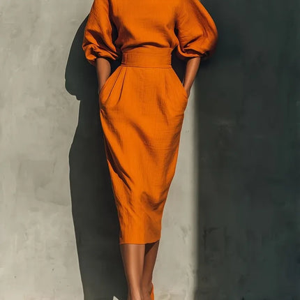 Elegant Women O-neck Lantern Sleeve Pocket Midi Dress Spring Summer Fashion Solid High Waist Pleated Wrap Hip Holiday Dresses
