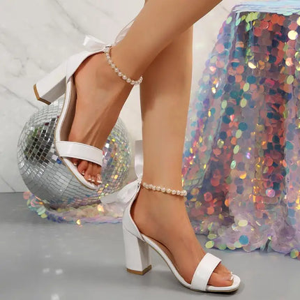 Luxury Pearl Ankle Strap White Sandals Women Summer 2026 Elegant Riband Bowknot High Heels Sandals Plus Size Woman Wedding Shoes