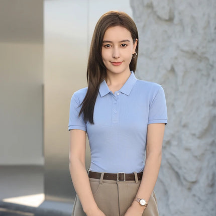 2026 NEW Solid Polo Shirts Womens Commuting Basics T-Shirts Comfy Button Shirt Solid Sport Tops Office Daily  Womans Clothes