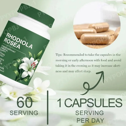 Rhodiola Rosea Capsules 500mg Herbal Supplement for Daily Energy Balance Mental Focus Adaptogen Plant Extract 60 Capsules