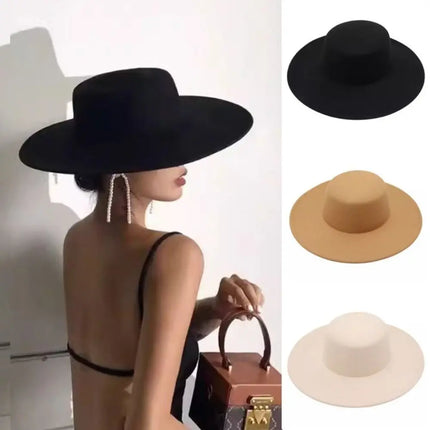 French Retro Women Flatcap Wide Brim Hepburn Style Flat-top Cap Solid Color Felt Hat Church