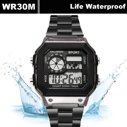 YIKAZE Luxury Men's Business Watch Stainless Steel Strap Men Digital Watch Luminous Multifunction Sports Electronic Wristwatch