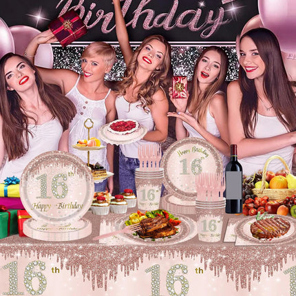 Rose Gold Sweet 16 Party Decoration Happy Birthday Plates Napkins Tablecloth Hello16 Balloon 16th Birthday Decorations for Girls