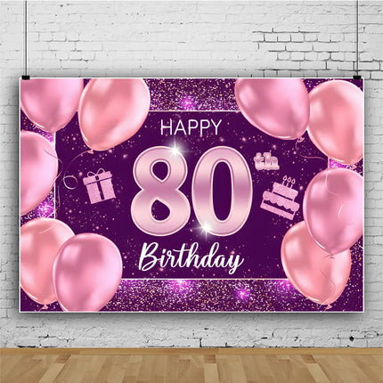 Rose Gold 80s Themed Banner Photography Background Cloth, Pink 80th Birthday Happy Party Decoration Photography Studio Backdrop