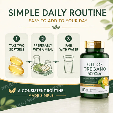 65:1 Oregano Leaf Extract Softgels Digestive Wellness Antioxidant Support with Olive Oil and Carvacrol 150 Count