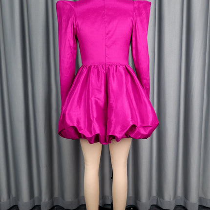 Rose Sweetheart Long Sleeve Lantern Ball Gown Dress with Beading Elegant Pleated Mini Evening Party Wedding Guest Dresses