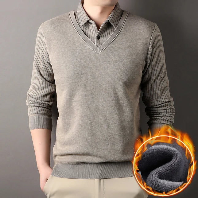 Men's Plaid Sweater Fleece Pullover Slim Fit Elegant Luxury Brand Fake Two Pieces Knitted Sweaters