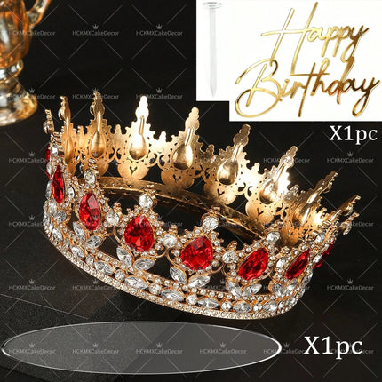 2pcs Pink Crown Birthday Cake Topper Set Gold Happy Birthday Acrylic Cake Decor Rhinestone Queen Tiara Cake Decoration for Women