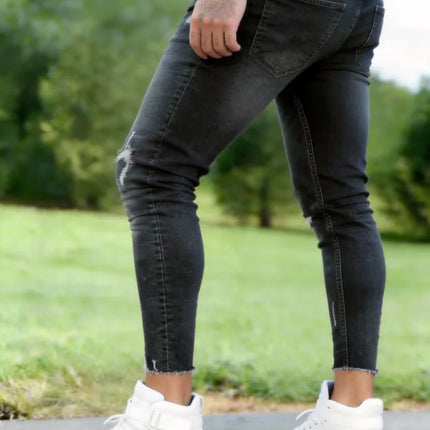 Trendy Products in Europe And America, Men'S Retro Trendy Ripped Jeans, Men'S Skinny Stretch Jeans, American Casual Street Style, Versatile Black, Distressed Details, Suitable for All Seasons, Fashionable Jeans