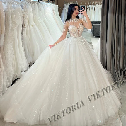 VIKTORIA Princess Shiny Wedding Dresses For Woman Bride Ball Gowns Long Sleeves Tulle Appliques Vestido De Novia Customized