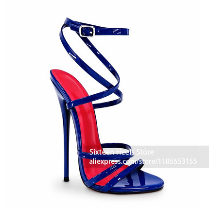 16cm Patent Leather Strappy Stiletto Sandals Ankle Strap Super High Heel Shoes Multi Crisscross Straps Lacquered Heel Sandals