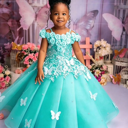 Customized Pink Flower Girl Dresses For Wedding Appliques Butterflies Pearls Cute Kids Birthday Party First Communion Gown