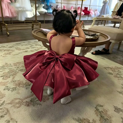 Wedding Mini Flower Girl Dress 2026 Satin Sleeveless Backless Bow Short Tutu Dress Baby Princess Dress Formal Party Dress Custom