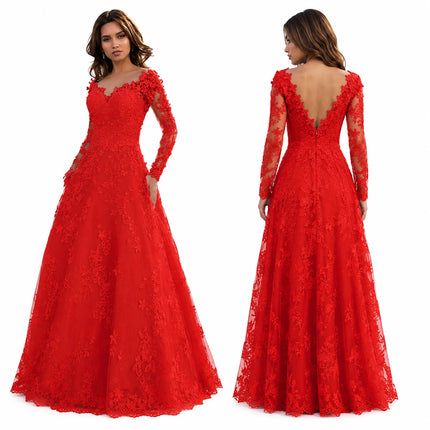 Elegant Lace Appliqué A-Line Wedding Dress for Women Long Sleeve Illusion V Neck Tulle Ball Gown with Pockets Floor Length Formal Evening Prom Dress