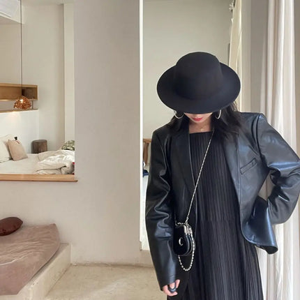 French Retro Women Flatcap Wide Brim Hepburn Style Flat-top Cap Solid Color Felt Hat Church