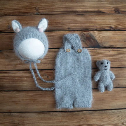 Newborn Knitted Angola Fuzzy Romper Baby Animal Outfit Photography Props Baby Cartoon Wolf Footed Overall Sets Photo Props