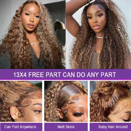 Highlight Curly Bob Wig Human Hair Deep Wave 13x4 HD Lace Front Wigs For Black Women Human Hair Pre Plucked Wear And Go Glueless Wet And Wavy Ombre Honey Blonde 4/27 Colored Wigs 26Inch