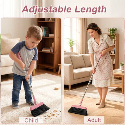 Pink 3 in 1 Broom Dustpan Set Foldable with Comb Adjustable Handle for Pet Hair Floor Cleaning