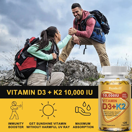 Bunkell Vitamin D3 + K2 with Coconut MCT Oil, Vegan D3 10000 IU with K2 200 Mcg for Bone & Immune Health, Non-GMO, Gluten-Free