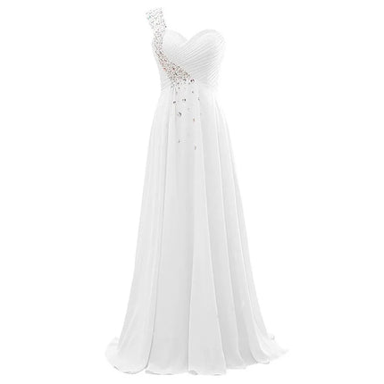 A Line Chiffon One Shoulder Bridesmaid Dresses Crystals Beading Pleat Elegant Wedding Party Formal Prom Evening Corset Back