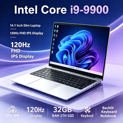 14.1 Inch Ultra Thin Laptop Intel I9-9900 32GB RAM 2TB SSD 5000mAh Battery Win11 Backlit Keyboard Fingerprint Gaming Note