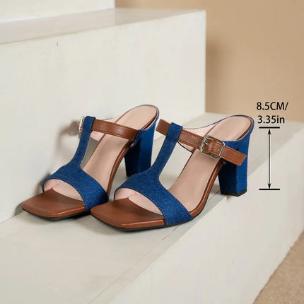 New Women's Roman Sandals Summer Outdoor Square Toe Open-Toe Single Strap Chunky High Heel Slides