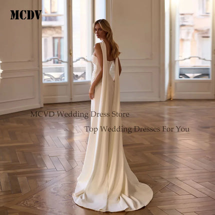 MCDV Pleat Satin Bride Gowns Strapless Mermaid Side Split Ivory Wedding Dresses 2026 Ribbons vestido de noiva civil Customized