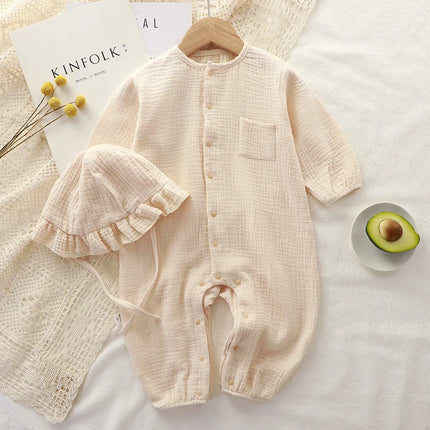 Muslin Baby Jumpsuit Hat Long Sleeve Cotton Toddler Romper for Boys Girls Solid Color Spring Autumn Baby Clothes Newborn Onesie