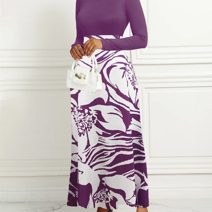Women Dresses Long Sleeve Round Neck Printed Hem Long Dress Purple Elegant Style
