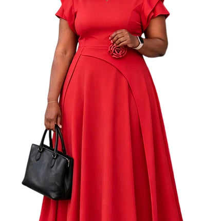 Mlaiscsr Women V Neck Ruffle Sleeve Elegant Work A-Line Midi Dresses Formal Flowy Midi Dress with Flower Waist Detail Church