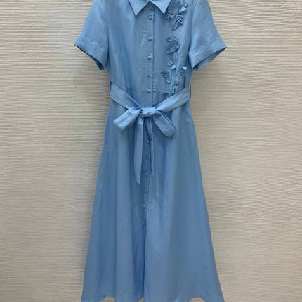 High quality women's 2026 new linen blend three-dimensional decal embroidery short sleeved lapel shirt dress with folded edges