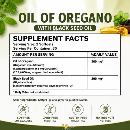 Oil of Oregano Softgels 6000mg with Black Seed Oil for Immune System & Digestive Support,Soy-Free Gluten-Free 60 Softgels