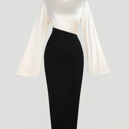 Women Maxi Dress Bell Sleeve Color Block Satin Bodycon Casual Dresses Elegant Spring Sexy Evening Wedding Guest Party Date Dress