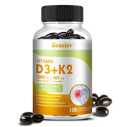 Vitamin D3 5000IU & Vitamin K2 600mg Capsules, Boost Calcium Absorption, Bone, Joint, Dental, Heart & Immune System Support