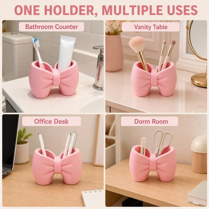 Bow Toothbrush Holder Cute Bathroom Organizer Plastic Desktop Storage Cup For Toothpaste Makeup Brushes Pens