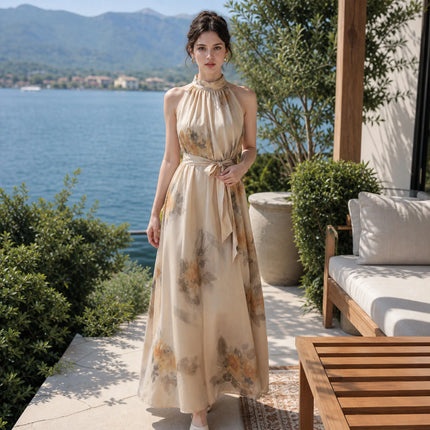 Summer Dresses 2026 Dresses for Woman Wedding Guest Dresses Maxi Dress Woman Elegant Vacation Floral Halter Chiffon Beach A Line