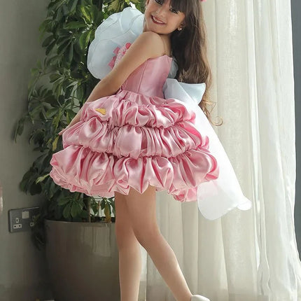 lolita princess dress for girls, summer bow, pink puffy cake dress for children, model fashion show and performance clothing