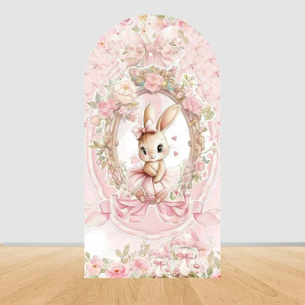 Pink bow cute rabbit arch background baby shower baby first birthday party layout background double-sidedprinting stretch fabric