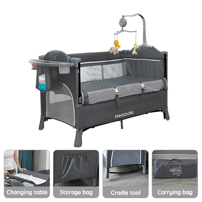 PANGDUBE 4-in-1 Foldable Baby Bedside Crib Newborn Bed Multifunctional Bassinet with Changing Table Convertible Baby Rocker