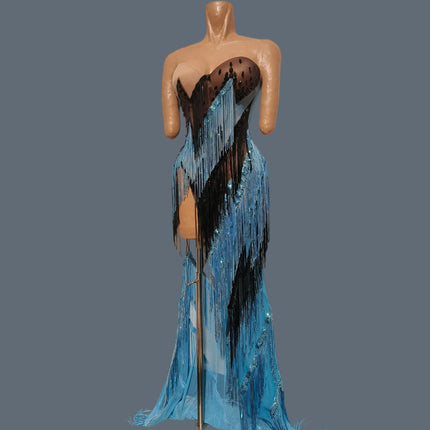Women Black Blue Fringe Strapless Long Dress Nightclub Party Stage Performance Outfit High Slit Rhinestone Evening Gown Qinggao