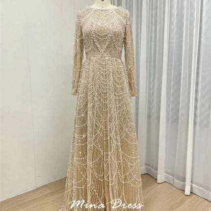 Mina Customized Beads Luxurious Women's Evening Dresses for Formal Occasions Sequins. Long Sleeves Round Neck Luxury Party Dress