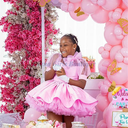 Customized Gorgeous Pink Flower Girl Dress Layered Wedding With  Decoration And Shiny Tulle Satin Tutu Birthday Evening Dress