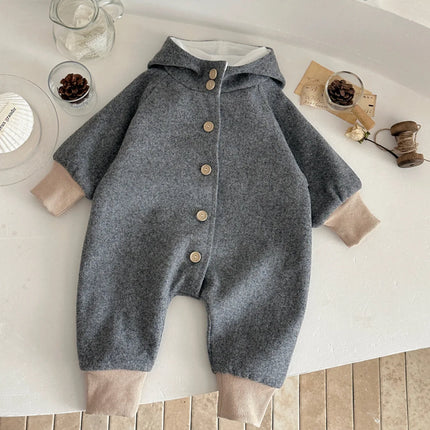 Winter Hooded Romper Long Sleeve Solid Color Jumpsuit For Infant Boys And Girls Knitted Long Playsuit