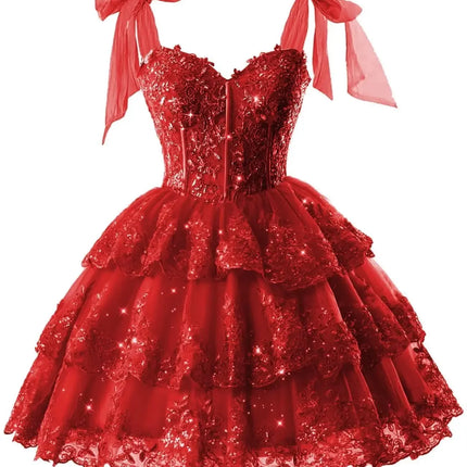 Sparkly Tiered Lace Tulle Homecoming Dresses Short Bow Straps Formal Prom Gowns Sweet 16