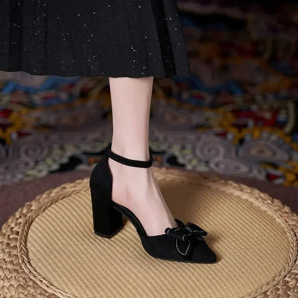 Small Size 30-44 Black Shoes Women Summer High Heel Sandals Chunky Heel Hollow Bow Women's Sandals Shoes