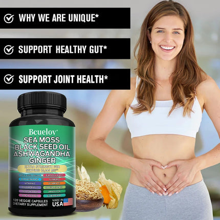 Sea Moss Complex Capsules with Ashwagandha Black Seed Oil Ginger, Daily Nutrition for Thyroid Gut Immune Skin & Joint Wellness