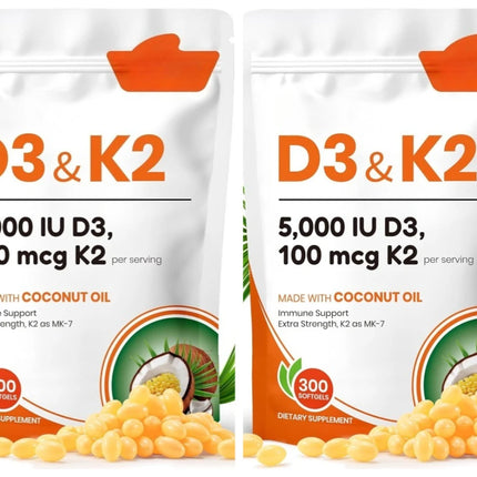 Vitamin D3 K2 Softgels with Coconut Oil, 5000 IU D3 & 100 mcg K2 MK-7, Daily Bone Wellness Support for Men & Women, 300 Count