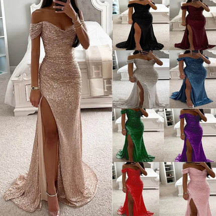 Women's Sexy Party Maxi Dress New Sequined One-line Collar Slit Dress Casual Fashion Prom Eveging Dresses for Women Robe Femme