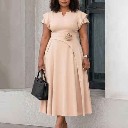 Elegant Dresses for Women 2026 V Neck Short Sleeve High Waisted Floral Decorate Pleated Mid Calf Birthday Party Dinner Vestidos